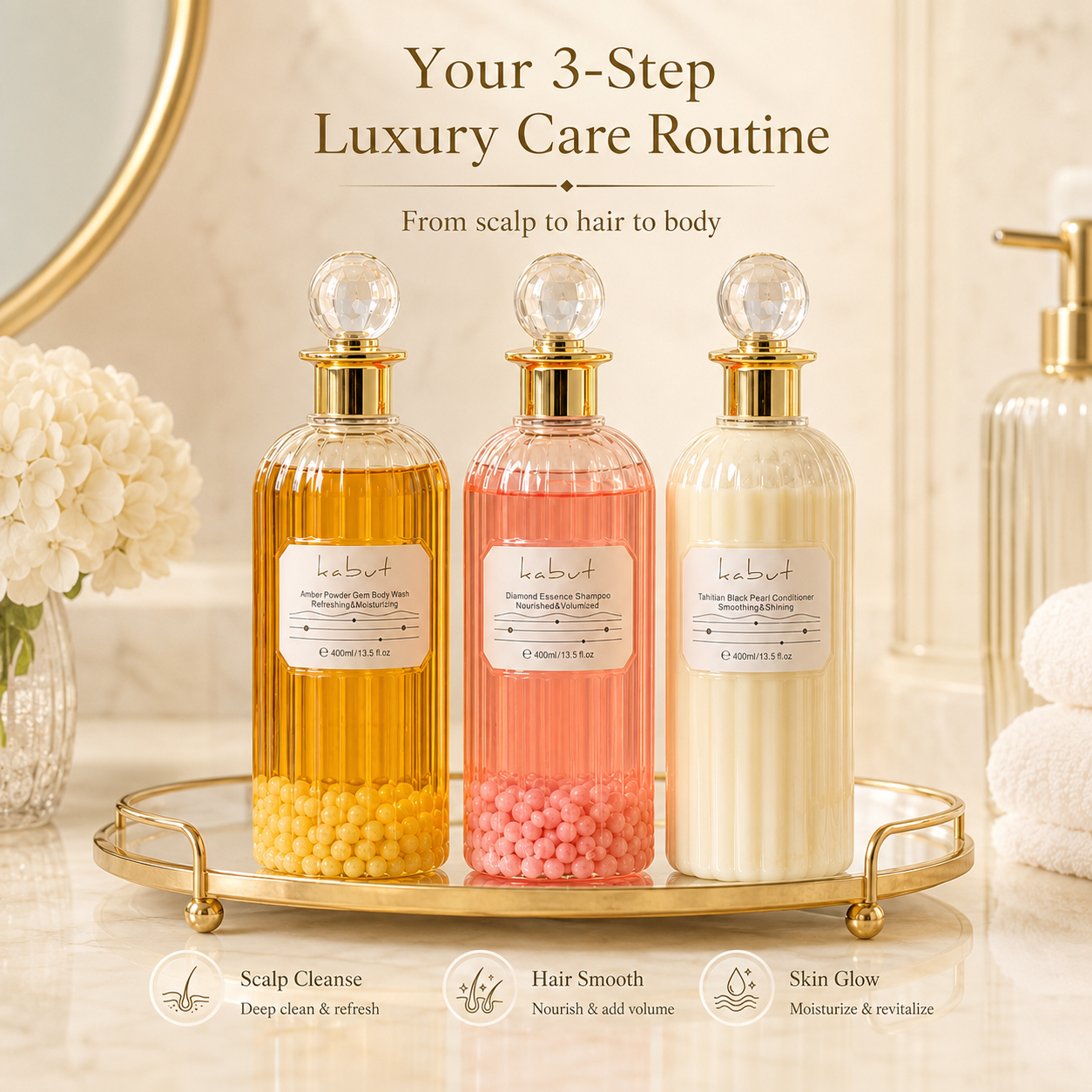 KABUT Premium Care Trio Bundle  - Amber Pink Gemstone Amino Acid Body Wash + Diamond Essence Shampoo + Tahitian Black Pearl Conditioner